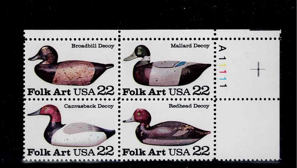 US Scott #2138-41, Plate Block #A11111 1985 Folk Art 22c FVF MNH Upper Right - Image 1 of 1