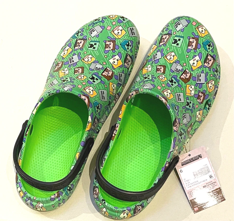 Zapatos zueco Minecraft.  Niños Talla 6, Niña Talla 8.5 Verde/Multi Estampado ¡NUEVO! Foto 1 de 4