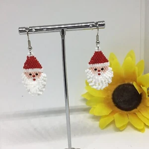 Bearded Santa Fringe Earrings Christmas Beaded Red White-Hand Made Miyuki Delia - Picture 1 of 8