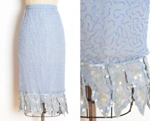 vintage 80s skirt blue silk sequin beaded high waisted leaves trophy XS S - Picture 1 of 8