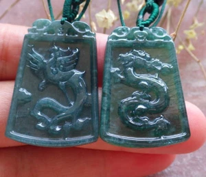 Pair Certified Green Grade A Jade jadeite Pendant Dragon Phoenix 龙凤 101179 TS - Picture 1 of 11