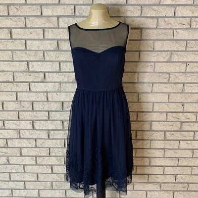 Eliza J Illusion Navy Blue Flower Detail Semi Sheer Party/Cocktail Dress Medium - Image 1 of 4