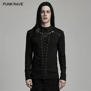 PUNK RAVE Black Cyberpunk Gothic Punk Mesh Splicing Long Sleeve T-Shirt Men Top - Picture 1 of 20