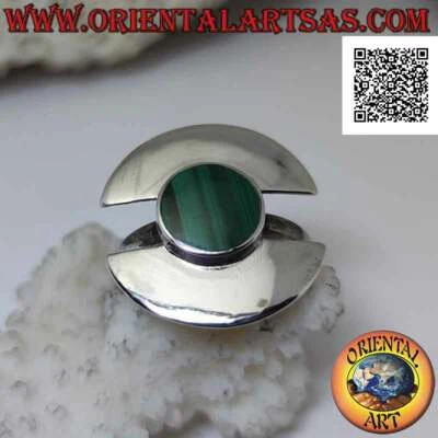 Anello in Argento 925 malachite tonda a filo bordo su due semicerchi lisci sepa - Immagine 1 di 4