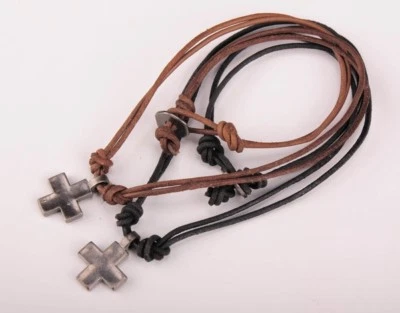 2PCS Black & Brown Double 2mm Leather Surfer Beach Choker Necklace Cross Pendant - Image 1 of 4
