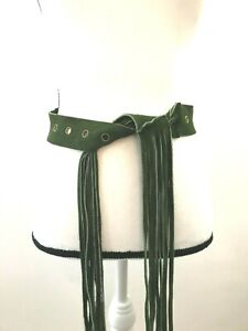 Women's Vintage 70's Hippie Green Leather Suede Grommet Hip Belt Fringes XS-S