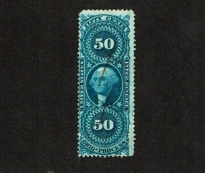 1862-71 Revenue First Issue Wash. 50c Blue ORIG PROCESS Sc#R60c Pen Cancel - Picture 1 of 1
