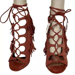 Sigerson Morrison Womens Sz 8 B Marita NWOT suede Bohemian Fringe Lace-up Sandal - Picture 1 of 7