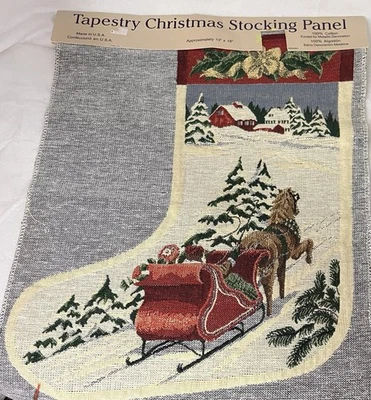 TAPESTRY Christmas Stocking fabric Panel DIY Sleigh in Snow Scene Uncut VTG - Image 1 of 4
