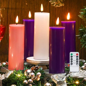 5 Stück Adventskranz und LED Kerzen Set, flammenlos lila rosa weiß LED Pille... - Bild 1 von 6