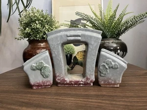 Vtg 1951 Roseville Artwood Gray Art Pottery Three Piece Planter Set 1051 & 1050 - Picture 1 of 17