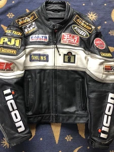 Icon NeoDaytona Black Leather Jacket Size 44 Padded Patches Vintage 2K - Picture 1 of 11
