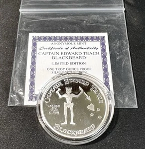 Capitán Edward Teach Barbanegra Prueba .999 1 oz Plata Ronda Anónima Como Nueva + Certificado de Autenticidad - Imagen 1 de 10