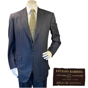 Luciano Barbera Vintage 2pc Suit Set Mens 42L 36x31 Striped Wool Flannel  Italy - Picture 1 of 18