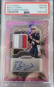 2022 Prizm Bailey Zappe RPA Viola Power Prizm Rookie Patch Auto RC #33/49 PSA 8 - Foto 1 di 2