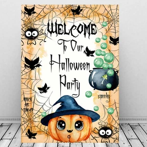 Letrero de fiesta de bienvenida de Halloween, calabaza, murciélagos, decoración de fiesta con estampado de Halloween - Imagen 1 de 3