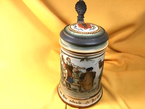 German Vintage Mettlach Beer Stein w/Inlay Pewter Lid -#2028 -"Round of Drinks" - Picture 1 of 4