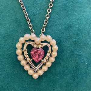 VTG Avon Silver Tone Pearl Heart with Pink Heart Stone Pendant Necklace 18” A1 - Picture 1 of 5