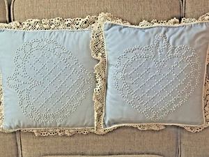 Decorative Pillows Blue With Lace and Beading - Picture 1 of 16