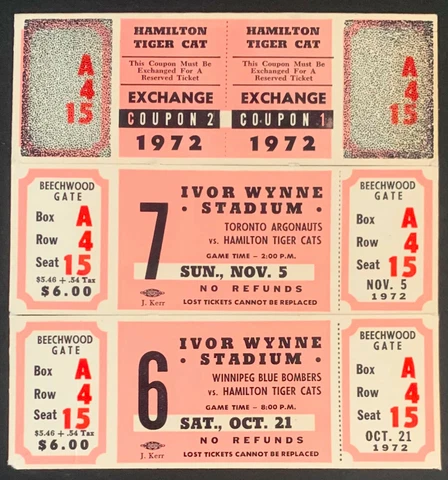 1972 CFL Football Ivor Wynne Stadium Unused Ticket Lot x2 + 1 Playoff Voucher Cover