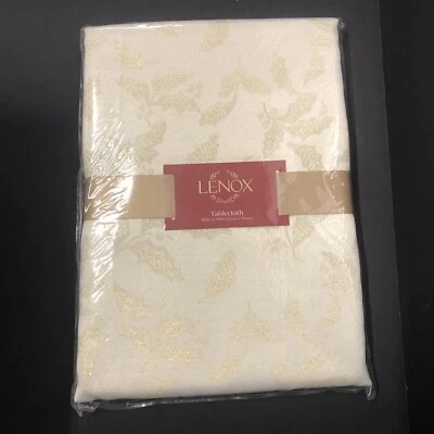 LENOX Holly Shimmer 60” x 120” Tablecloth Cream Gold Shimmer Holly Leaves New - Image 1 of 4