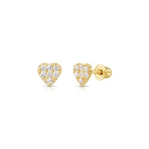 14K Real Solid Gold Pave Small Heart CZ Stud Earrings Screwback Sleeper Studs - Picture 1 of 8