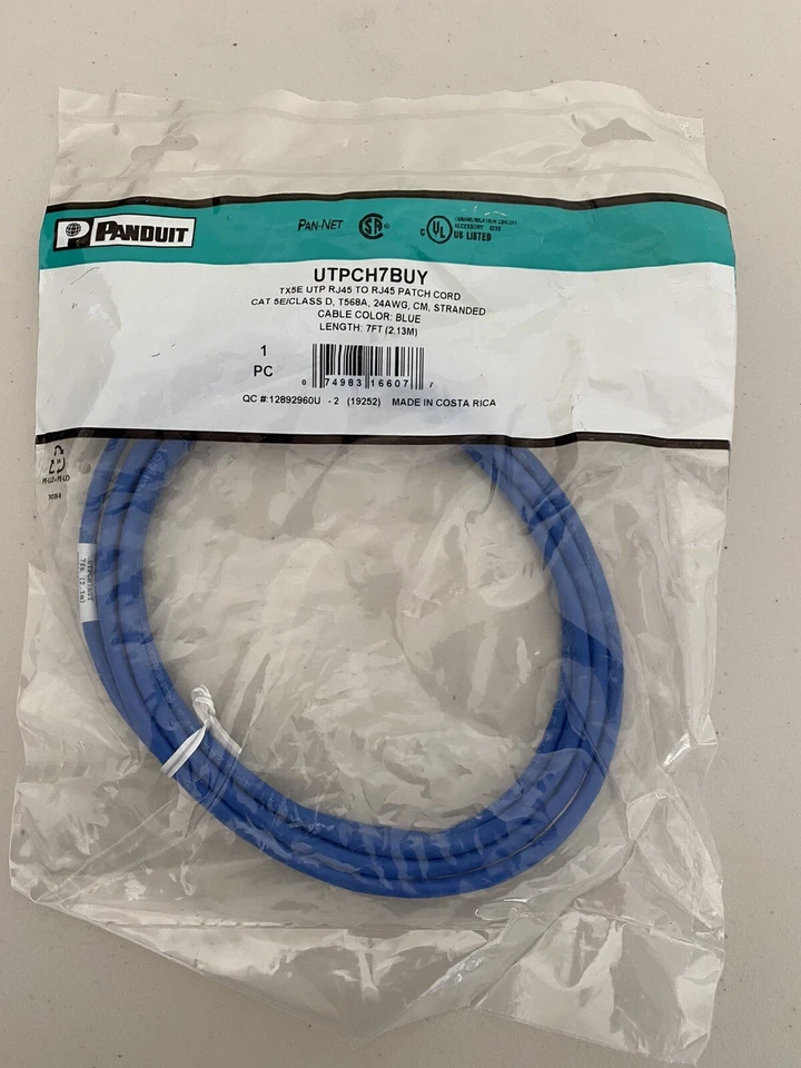 PANDUIT, UTPCH7BU, 7FT(2.13 M), Patch Cord RJ45, CAT5e, Blue - Image 1 of 1