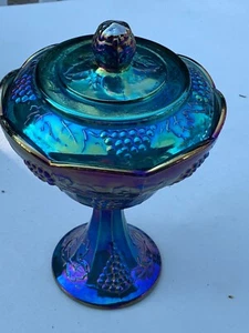 Indiana Candy Dish Harvest Grape Carnival Glass Iridescent Blue Covered Compote - Picture 1 of 9