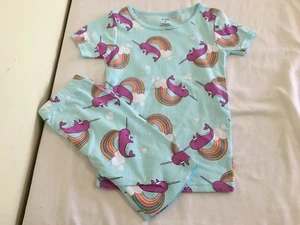 Carter's Girls Rainbow Narwhal Pajama Snug fit Blue Shirt & Shorts many sizes - Picture 1 of 1