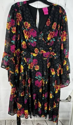 Betsey Johnson x Torrid 1X Black Multicolor Floral Crinkled Chiffon Mini Dress - Image 1 of 4