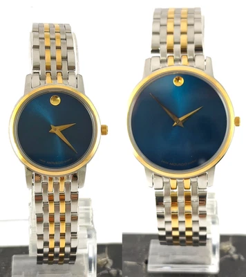 Reloj pulsera de cuarzo MOVADO de lujo par con esfera azul correa de acero inoxidable Foto 1 de 4