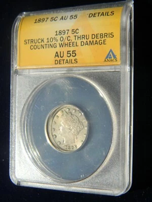 1897 LIBERTY V-NICKEL STRUCK 10% OFF CENTER THRU DEBRIS AT K=3:00, ANACS AU-55 - Image 1 of 2