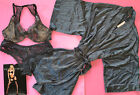 Victoria's Secret unlined 36D BRA SET+XL panty+kimono ROBE gray lace EMBROIDERED
