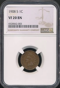 1908-S Indian Cent NGC VF 20 BN *Semi-Key Date* *Sharp Coin!* - Picture 1 of 2