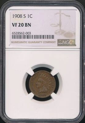 1908-S Indian Cent NGC VF 20 BN *Semi-Key Date* *Sharp Coin!* - Image 1 of 2
