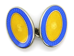 Gemelos Longmire de plata de ley 925 doble ovalado esmalte azul/amarillo ÚNICO - Imagen 1 de 8
