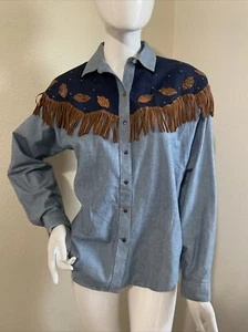 Panhandle Slim Women’s Blue Western Shirt Cowgirl Rodeo W Brown Fringe Medium - Picture 1 of 12