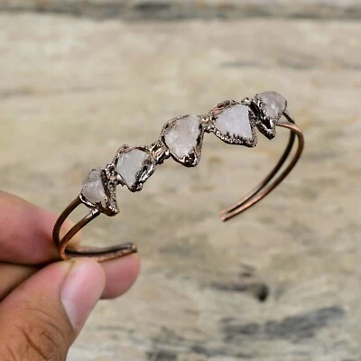 Rose Quartz Rough Jewelry Copper Birthday Gift Electroformed Adjustable Bangle - Imagem 1 de 4