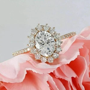 2.30Ct Oval Cut Real Moissanite 14k Yellow Gold Plated 925 Halo Engagement Ring - Picture 1 of 4