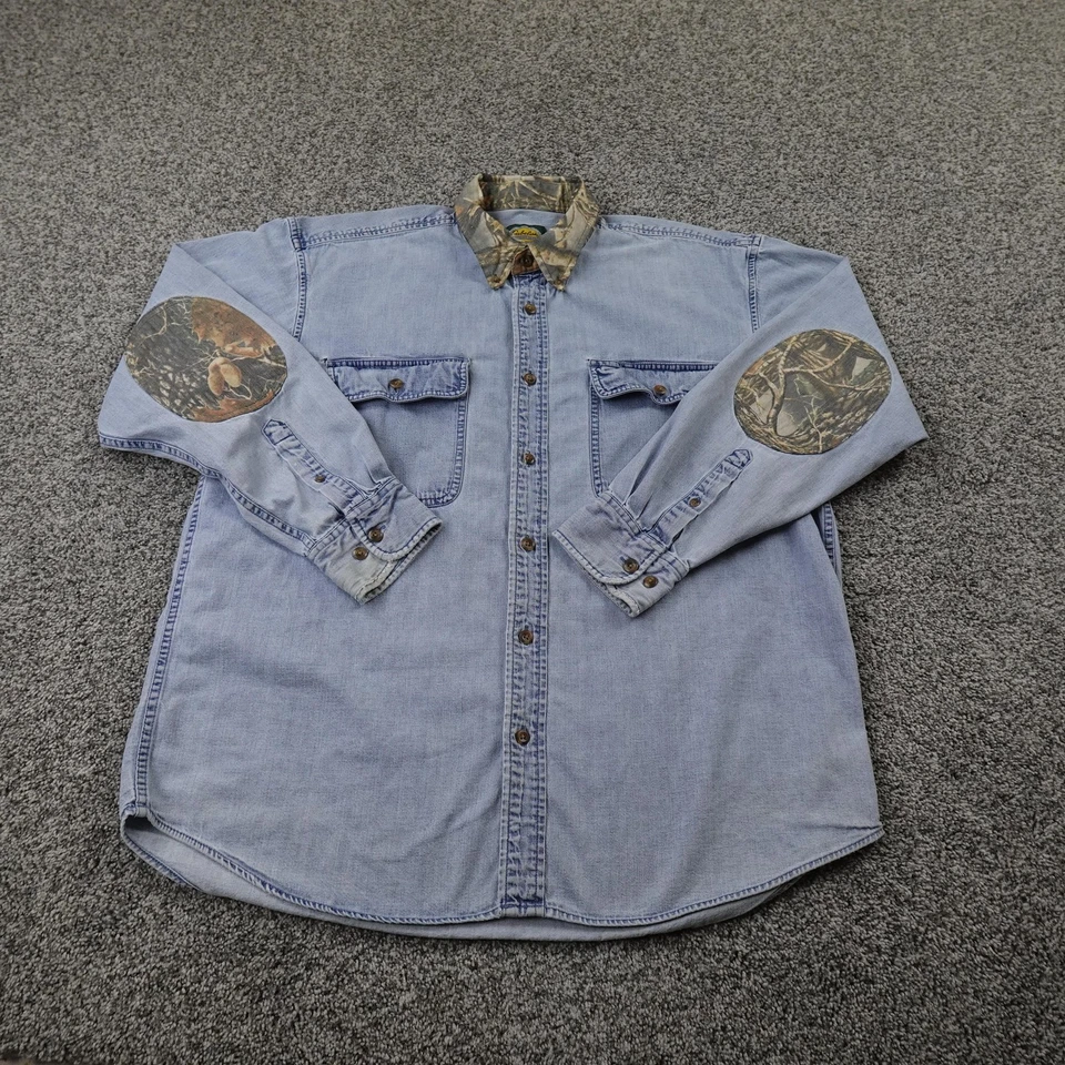 Camisa Denim Cabelas De Colección Para Hombres L Azul Manga Larga Camuflada Codos Parches Caza Años 90 Foto 1 de 4