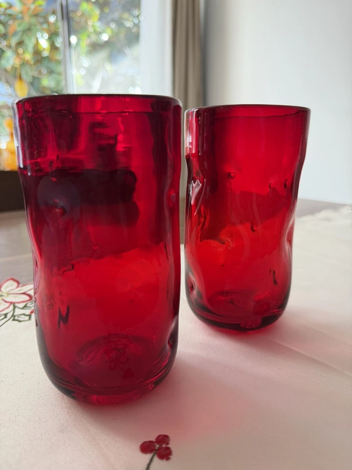 Par - Gafas Blenko rojas sopladas a mano, hoyuelo alto/pellizcado, vasos  Foto 1 de 4