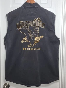 Harley-Davidson Men L Black Embroidered Eagle Sleeveless Shirt Vest Denim Frayed - Picture 1 of 12
