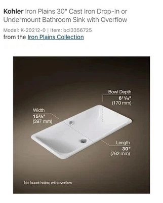 Kohler 20212-0 Iron Plains 30" Cast Iron Drop-In or Undermount Bathroom Sink - Image 1 of 4