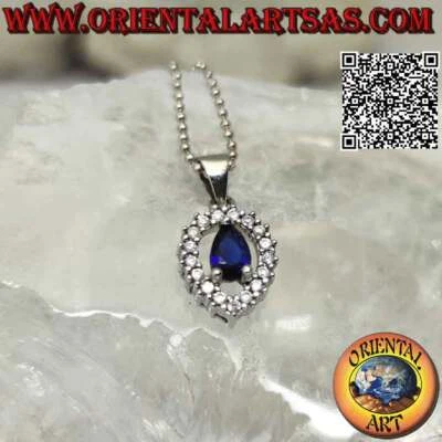 Ciondolo in argento 925‰ zaffiro di sintesi a goccia incastonato contornato da g - Immagine 1 di 4