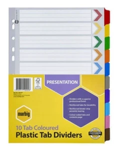 10 TAB Marbig Manilla Plastic Tab Dividers A4 Coloured Convenient Brightly - Picture 1 of 1