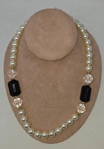 Faux Pearl Black Onyx Beaded Choker Necklace 18" Vintage Fashion Costume Jewelry - Picture 1 of 10