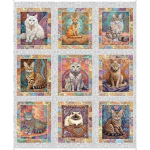 Fabric Panel Quilt Room Kitties 90cm x 110cm 100% Cotton QT Fabrics Lt Grey - Picture 1 of 1