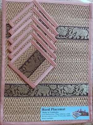 6 Reed Placemats + 6 Coasters Set Dining Mats Table Kitchen Elephants 14inx11in - Image 1 of 2