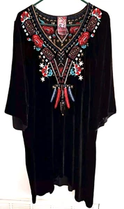 Johnny Was Ava BlackVelvet Dress XL Multicolor Floral Embroidery,Vneck Boho Chic - Picture 1 of 11