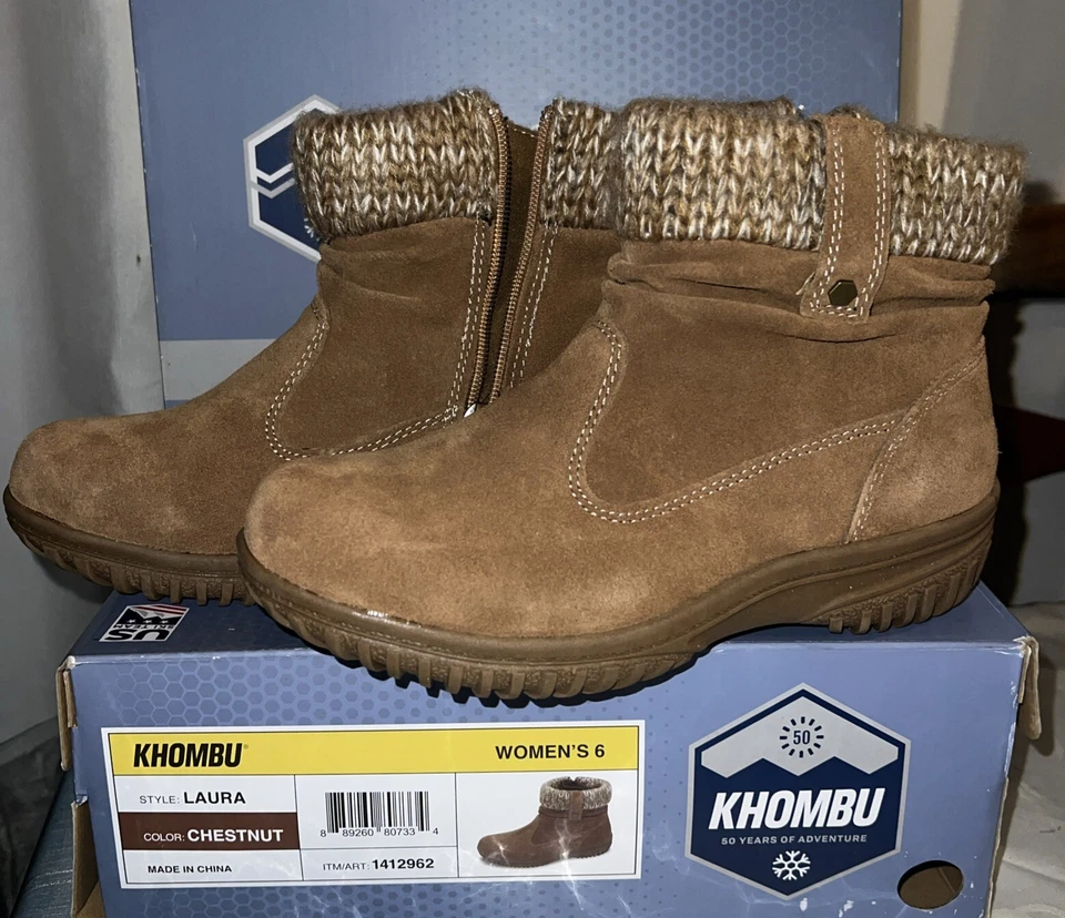Khombu Women's Laura All Weather Ankle BOOTS Bootie Chestnut 1412962 Size 6